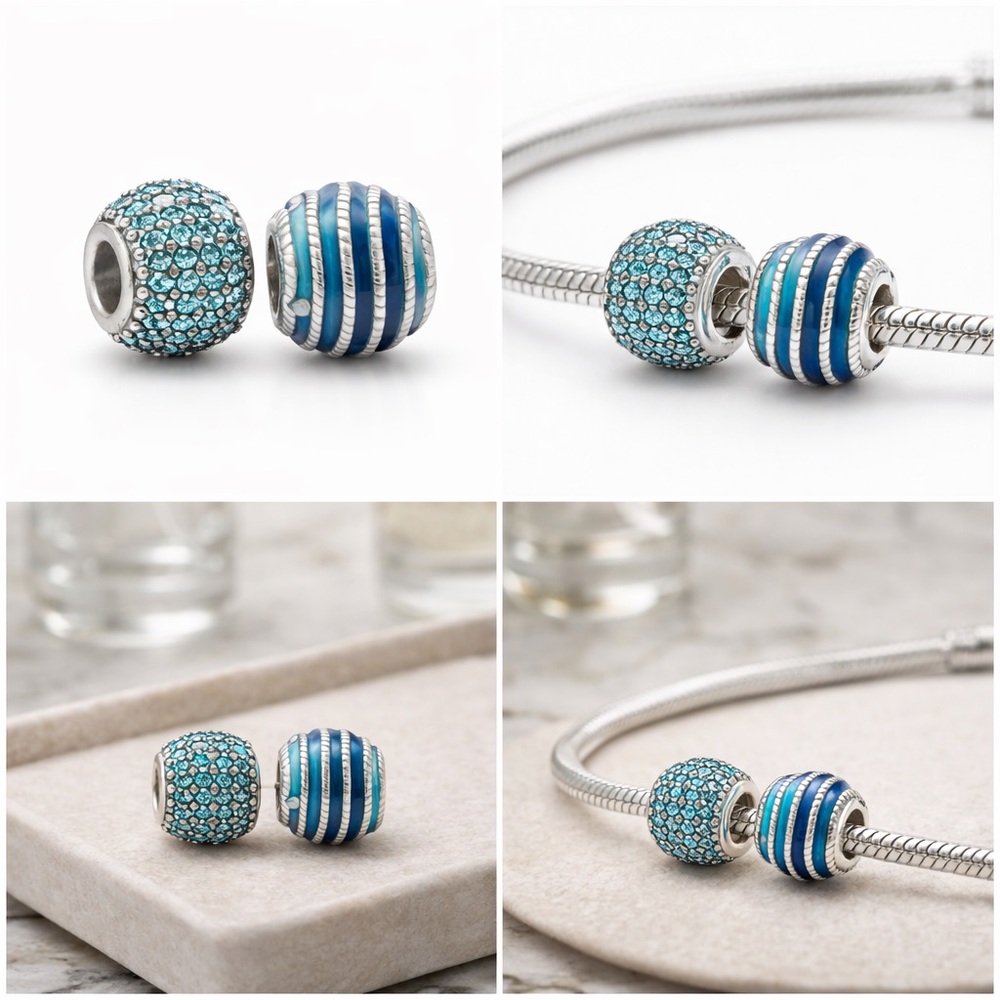 Pandora Bundle: Teal Pavé Spacer/Blue Teal Striped Murano Glass Sterling Silver